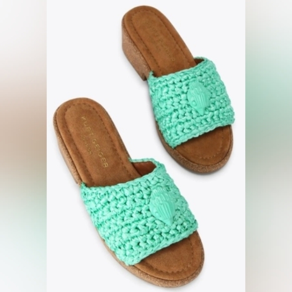Kurt Geiger Boho Chic Turquoise Crochet Wedge Slip-On Slide Sandals New - Picture 2 of 7